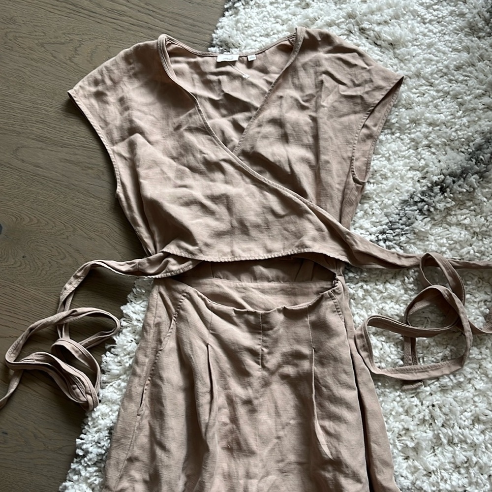 Aritzia Wilfred Brax Linen Jumpsuit Beige Wide Leg Wrap Detail